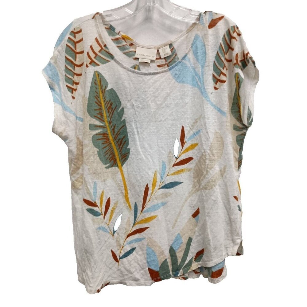 Cynthia Rowley Womens 100% Linen XL Leaf Print Top Beachy Comfy Soft Lightweight